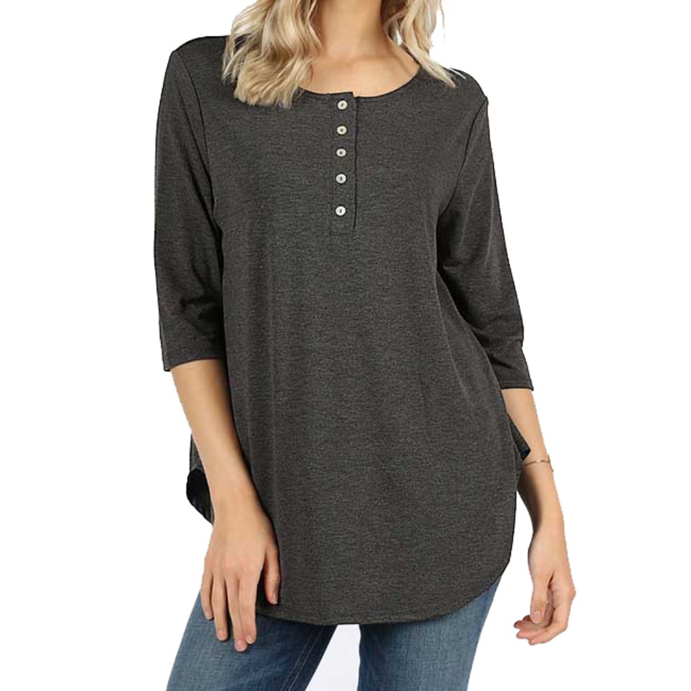 Charcoal 3/4 Sleeve Partial Button Down Shirt